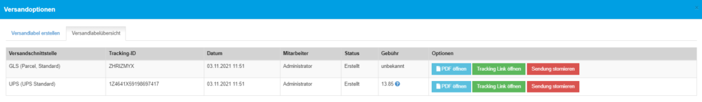 Versandlabelübersicht