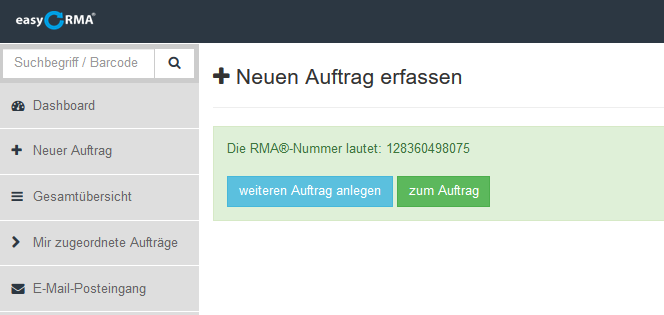 Bestätigung Auftrag angelegt