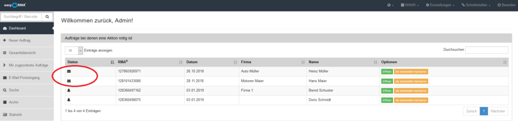 Dashboard mit Briefsymbol in der Statusspalte