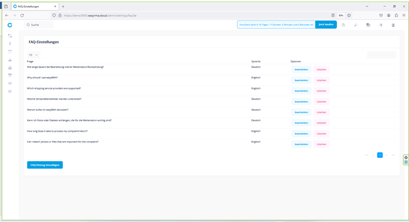 FAQ-Verwaltung im Backend