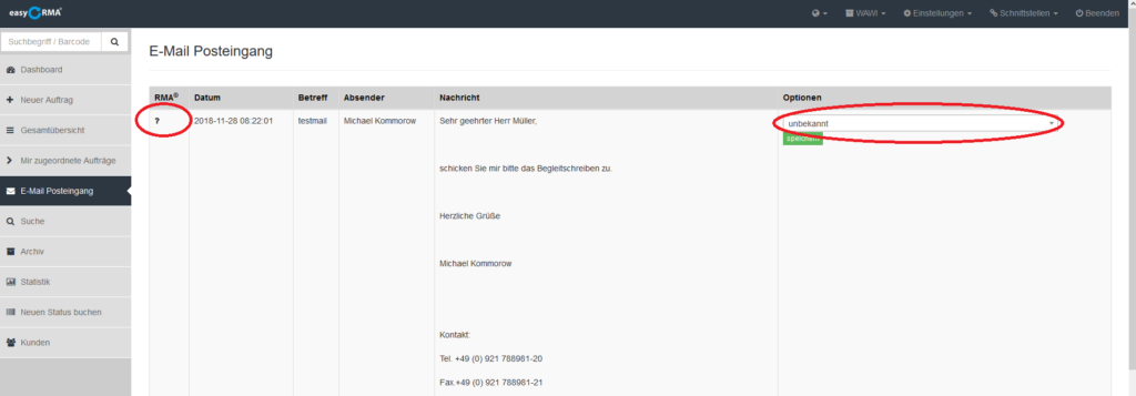 E-Mail-Posteingang mit nicht zugeordneten E-Mails