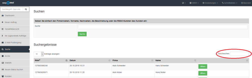 Trefferliste der Suche
